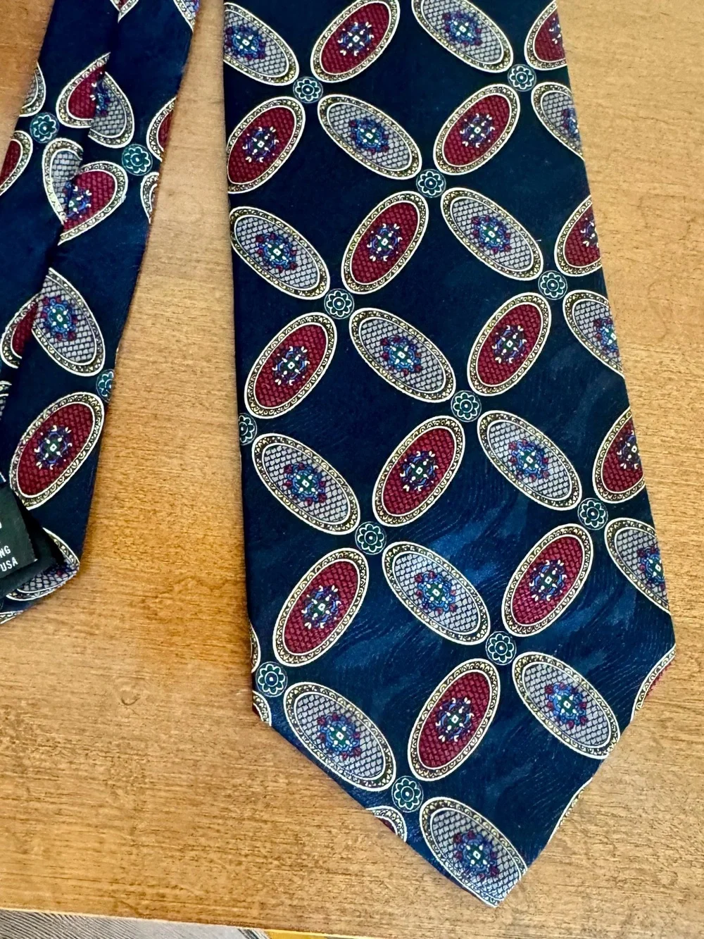 Enrico Guccini Men’s necktie 100 % Silk Navy Retro Print Suit Extra Long Length